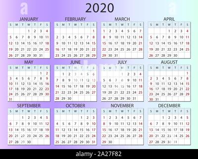 Einfacher Kalender Layout für 2020. Woche startet ab Sonntag, Business Template. Vector Illustration Stock Vektor