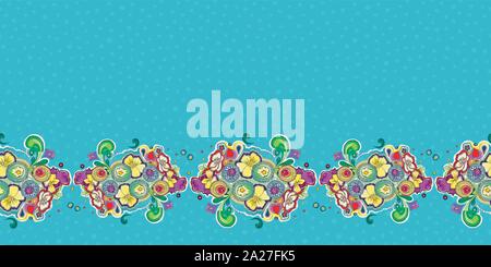 Die nahtlose Vektor folk art floral retro Grenze mit Handgemalten Aquarell Blumen, Kuchen und Pansy auf blau gepunkteten Hintergrund. Ideal für Geburtstag, Hochzeit, Muttertag und Ostern. Stock Vektor