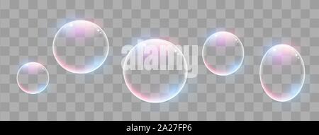 Realistische Seifenblasen mit Regenbogen Reflexion set isoliert. Stock Vektor