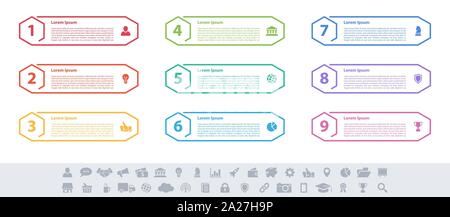 Infografik design Business Konzept Vector Illustration mit 9 Schritte und Optionen oder Prozesse, Arbeitsabläufe oder Diagramm oder Web button Banner dar Stock Vektor