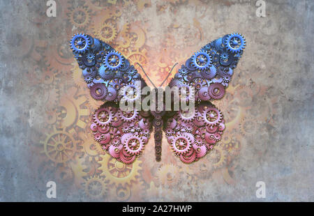 Steampunk Schmetterling als Steam Punk Insekt mit offenen Flügeln von Getrieben und Zahnrädern als abstrakte Maschinenbau oder Science Fiction vin gemacht Stockfoto