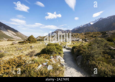 Suspension Bridge auf Hooker Valley Track im Mount Cook National Park, Neuseeland Stockfoto