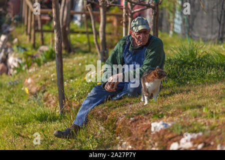 Ältere Mann sitzt auf einem Rasen auf der Suche glücklich an seine eigene Katze Stockfoto