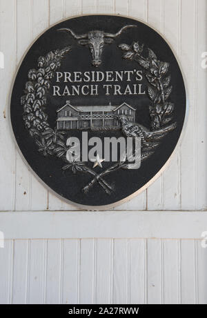 President's Ranch Trail Marker in der alt hye Store und Post in Blanco County Courthouse in Johnson City, Texas Stockfoto