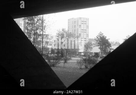 Blick durch Betonstützen in Wohnhäuser im Hansaviertel in Berlin, Deutschland 1962. Blick durch konkrete Säulen zu Hochhäusern im Hansaviertel Viertel in Berlin, Deutschland 1962. Stockfoto