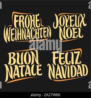 Vektor einrichten Gruß text für Weihnachtsferien in verschiedenen Sprache: Deutsch frohe Weihnachten, französisch Joyeux Noel, italienisch Buon Natale, Spanisch f Stock Vektor