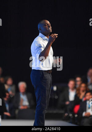Manchester, Großbritannien. 01 Okt, 2019. MANCHESTER, Großbritannien. Konservativen Kandidaten Londoner Bürgermeister Shaun Bailey, spricht auf dem Parteitag der Konservativen in Manchester. Credit: Dave Johnston/Alamy leben Nachrichten Stockfoto