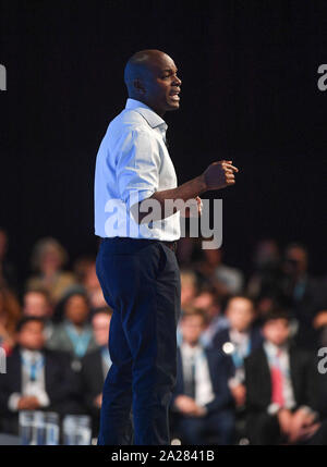 Manchester, Großbritannien. 01 Okt, 2019. MANCHESTER, Großbritannien. Konservativen Kandidaten Londoner Bürgermeister Shaun Bailey, spricht auf dem Parteitag der Konservativen in Manchester. Credit: Dave Johnston/Alamy leben Nachrichten Stockfoto