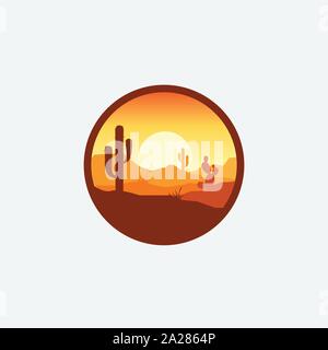 Landschaft der Wüste logo mit Kaktus, Berg desert vector Template, Firmenlogo, logo Etikett Stock Vektor