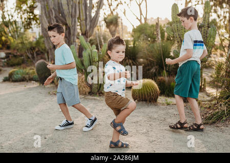 Drei junge Brüder tanzen im sonnigen Kaktus Garten Stockfoto