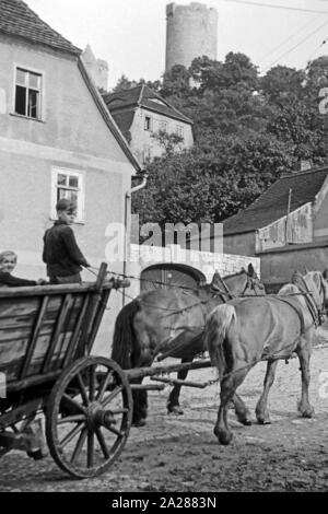 Jungen fahren ein Pferdefuhrwerk in der Ortschaft unterhalb der Burg Saaleck Saaleck im Burgenlandkreis, Deutschland 1950. Jungen, der eine von Pferden gezogene Fahrzeug im Dorf mit Saaleck Saaleck Schloss auf einem Hügel, Deutschland 1950. Stockfoto