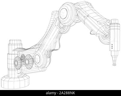 Industrial robot Manipulator. Wire-Frame auf weißem Hintergrund. EPS 10-Format. Vektor erstellt von 3d, Wire-Frame. Stock Vektor