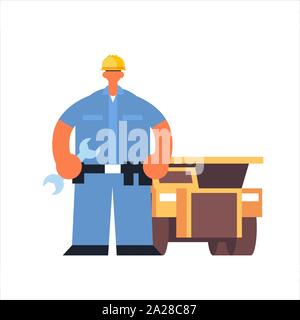 Männliche Techniker Mechaniker das Tragen von harten Hut beschäftigten Arbeiter Sie den Halteschlüssel industriellen Bau Arbeiter in Uniform Gebäude Auto cervice Konzept Flachbild voll Stock Vektor