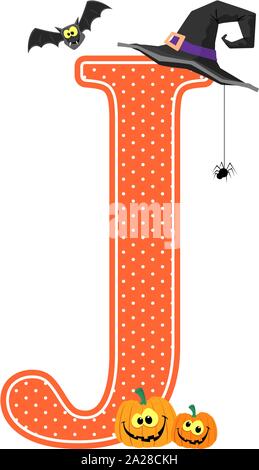 Großbuchstabe j mit lächelnden Kürbisse und Halloween Design Elemente auf weißem Hintergrund. Kann für Halloween saison Karte verwendet werden, Baumschule deco Stock Vektor