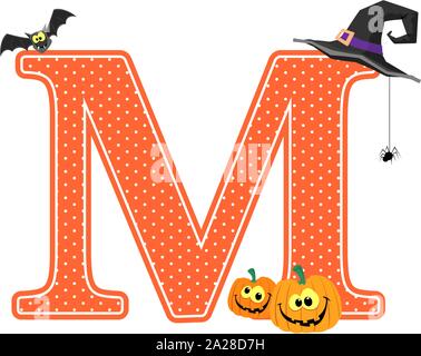 Großbuchstabe m mit lächelnden Kürbisse und Halloween Design Elemente auf weißem Hintergrund. Kann für Halloween saison Karte verwendet werden, Baumschule deco Stock Vektor