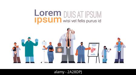 Ärzte in Uniform verschiedene Klinik Krankenhaus Arbeiter gemeinsam Medizin Gesundheitswesen Konzept voller Länge waagrechten Platz kopieren Stock Vektor