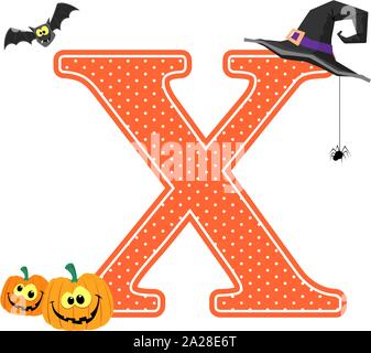 Großbuchstabe x mit lächelnden Kürbisse und Halloween Design Elemente auf weißem Hintergrund. Kann für Halloween saison Karte verwendet werden, Baumschule deco Stock Vektor