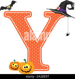 Großbuchstabe y mit lächelnden Kürbisse und Halloween Design Elemente auf weißem Hintergrund. Kann für Halloween saison Karte verwendet werden, Baumschule deco Stock Vektor