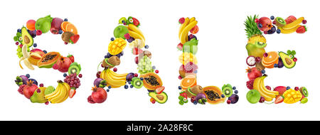 Verkauf Wort aus tropischen Früchten und Beeren auf weißem Hintergrund. Werbung Banner Design für die Förderung. Kreative Typografie, saisonale Dis Stockfoto