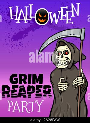 Cartoon Illustration der Halloween Party Poster oder Banner Design mit komischen Grim Reaper Charakter Stock Vektor