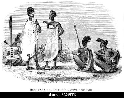 Eine Abbildung der Bechuana Männer in ihren nativen Kostüm in Südafrika gescannt und in hoher Auflösung aus einem Buch von Robert Moffat im Jahre 1842 gedruckt. Stockfoto