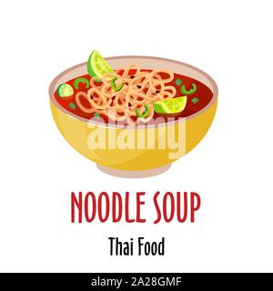 Thai Nudel Suppe Symbol, pikant leckeres Gericht in bunten Schüssel isoliert Vector Illustration. Stock Vektor