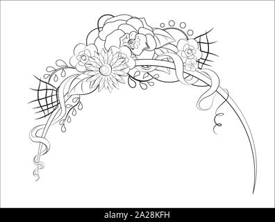 Malbuch Bogenelement mit Blumen und Bändern, Weiß auf schwarzem Hintergrund Stock Vektor