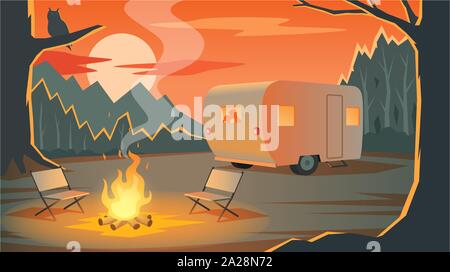 Camping Landschaft mit Camper, Silhouetten Liebespaar im Anhänger, Berge, Wald und Lagerfeuer am Abend, Sonnenuntergang, Erholung im Freien Stock Vektor