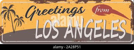 Grüße aus Los Angeles Vintage Tin Sign mit Retro Souvenirs oder Postkarte Vorlagen auf Rost Hintergrund. Vintage Altes Papier Stock Vektor