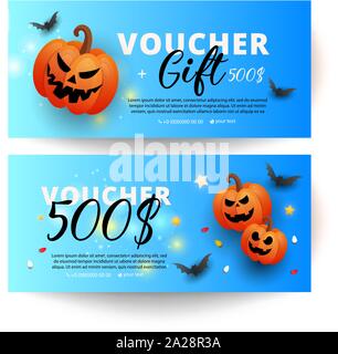 Gutschein Vorlage Karte mit unheimlichen Gesichter Kürbisse, Fledermäuse und Sterne auf dem blauen Hintergrund. Halloween website Verkauf Banner, Poster oder die Karte Vorlage. Stock Vektor