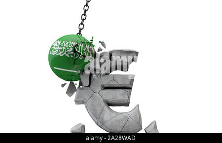 Saudi Arabien Fahne Ball Zerschlagung einer europäischen Währung Euro Symbol. 3D-Rendering Stockfoto