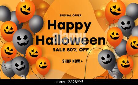 Happy Halloween Verkauf promotion Banner mit unheimlichen Gesichter Kürbisse, furchtsames Gesicht Ballons und Fledermäuse. Halloween website Verkauf Banner, Poster oder Karte templ Stock Vektor