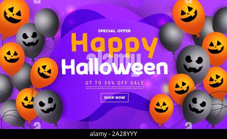 Moderne happy halloween Verkauf promotion Banner mit unheimlichen Gesichter Kürbisse, furchtsames Gesicht Ballons und Fledermäuse auf lila Hintergrund. Halloween website Verkauf Stock Vektor