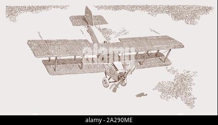 Historische Doppeldecker in der Ansicht von oben fliegen über einer Wasseroberfläche. Abbildung: Nach einer Lithographie aus dem frühen 20. Jahrhundert Stock Vektor