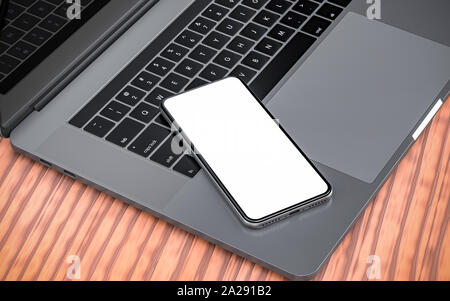 Smartphone und Laptop Vorlage, auf einem Holztisch isoliert. Mockup. Stockfoto