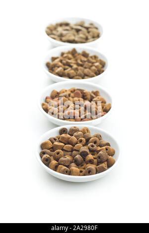 Trockene kibble Heimtierfutter in der Schüssel. Kibble für Hund oder Katze auf weißem Hintergrund. Stockfoto