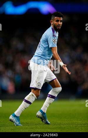 Manchester, Großbritannien. 01 Okt, 2019. Riyad Mahrez von Manchester City während der UEFA Champions League Gruppe C Spiel zwischen Manchester City und Dinamo Zagreb an der Etihad Stadium am 1. Oktober 2019 in Manchester, England. (Foto von Daniel Chesterton/phcimages.com) Credit: PHC Images/Alamy leben Nachrichten Stockfoto