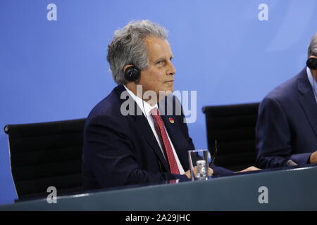 Berlin, Deutschland. 01 Okt, 2019. Bundeskanzlerin Angela Merkel bei der Pressekonferenz im Bundeskanzleramt. Das Foto zeigt den Stellvertreter. David Lipton, Direktor des IWF, der Generalsekretär der OECD, Angel Gurría, Generalsekretär der WTO, Roberto Azevêdo, ILO-Generalsekretär Guy Ryder und der Präsident der Weltbank David Malpass. (Foto von Simone Kuhlmey/Pacific Press) Quelle: Pacific Press Agency/Alamy leben Nachrichten Stockfoto