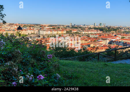 Panoramablick über die Dächer der Stadt und die historischen Gebäude des Viertels Mala Strana in Prag. Im Vordergrund eine Grünfläche mit lila Blüten ein Stockfoto