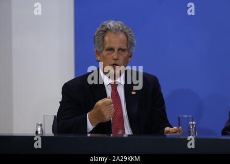 Berlin, Deutschland. 01 Okt, 2019. Bundeskanzlerin Angela Merkel bei der Pressekonferenz im Bundeskanzleramt. Das Foto zeigt den Stellvertreter. David Lipton, Direktor des IWF, der Generalsekretär der OECD, Angel Gurría, Generalsekretär der WTO, Roberto Azevêdo, ILO-Generalsekretär Guy Ryder und der Präsident der Weltbank David Malpass. (Foto von Simone Kuhlmey/Pacific Press) Quelle: Pacific Press Agency/Alamy leben Nachrichten Stockfoto