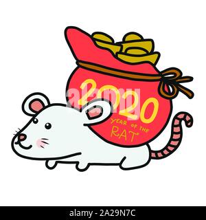 2020 Jahr der Ratte mit goldenen Tasche cartoon Vector Illustration Stock Vektor