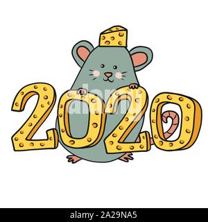 2020 Jahr der Ratte mit Käse cartoon Vector Illustration Stock Vektor
