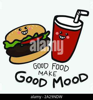 Gutes Essen machen gute Laune Hamburger und Soda Lächeln Cartoon vektorgrafik Doodle Stil Stock Vektor