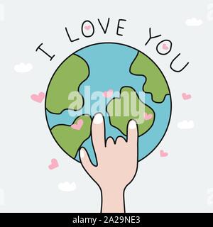 Hand machen ich liebe dich zu Erde Cartoon Vektor Illustration doodle-Stil Stock Vektor