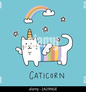 Caticorn (Katze Einhorn) Regenbogen Cartoon Vektor Illustration Doodle Stil Stock Vektor