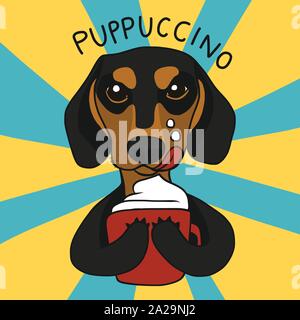 Puppuccino Kaffeetasse in Dackel Hand mit Schlagsahne auf Cheek Cartoon Vektor Illustration Doodle Stil Stock Vektor