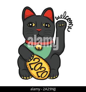 Lucky cat (Maneki Neko) Farbe Schwarz willkommen Cartoon 2020 Vector Illustration Stock Vektor