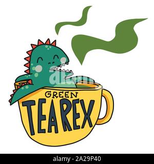 Grüner Tearex (Tyrannosaurus) in heißen grünen Tee Tasse Cartoon-Vektor Abbildung Stock Vektor