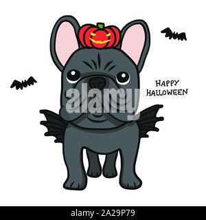 Französische Bulldogge mit Flügel und Kürbis monster Happy Halloween cartoon Vector Illustration Stock Vektor