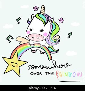 Einhorn und Regenbogen, irgendwo über dem Regenbogen Cartoon Doodle Stil Vektor Illustration Stock Vektor